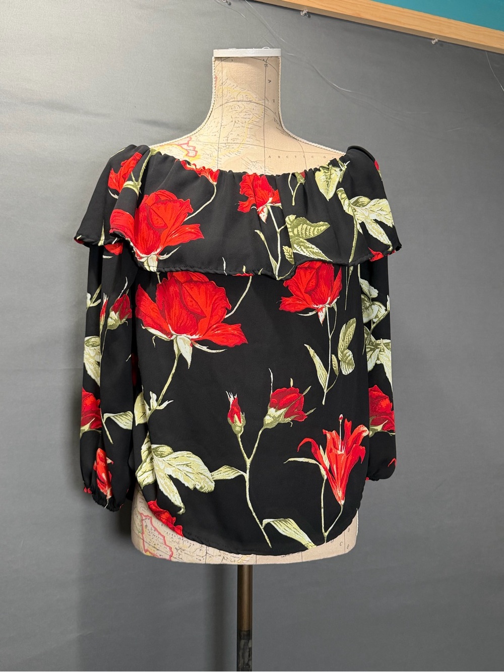 Charlotte Russe Black Off-Shoulder Blouse with Red Floral Print